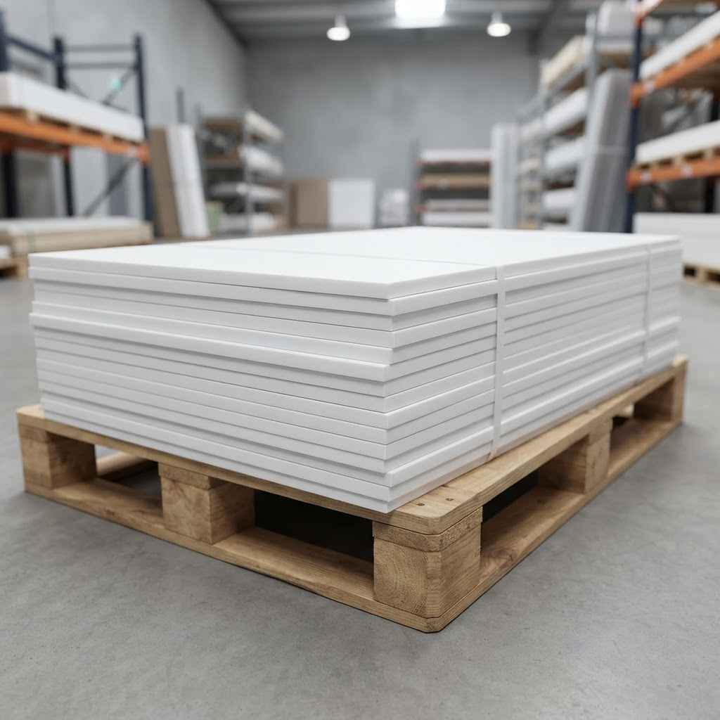 Stack of white PVC sheets on a pallet — replace with your own product photo